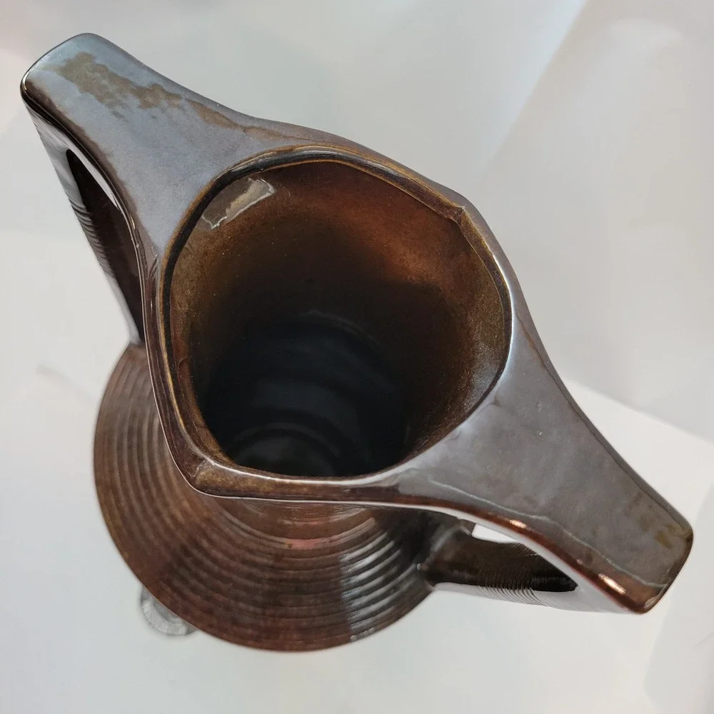 Nemadji Pottery Vase 4688P Vintage Modern Brown Glazed Ribbed Dual Handle 14
